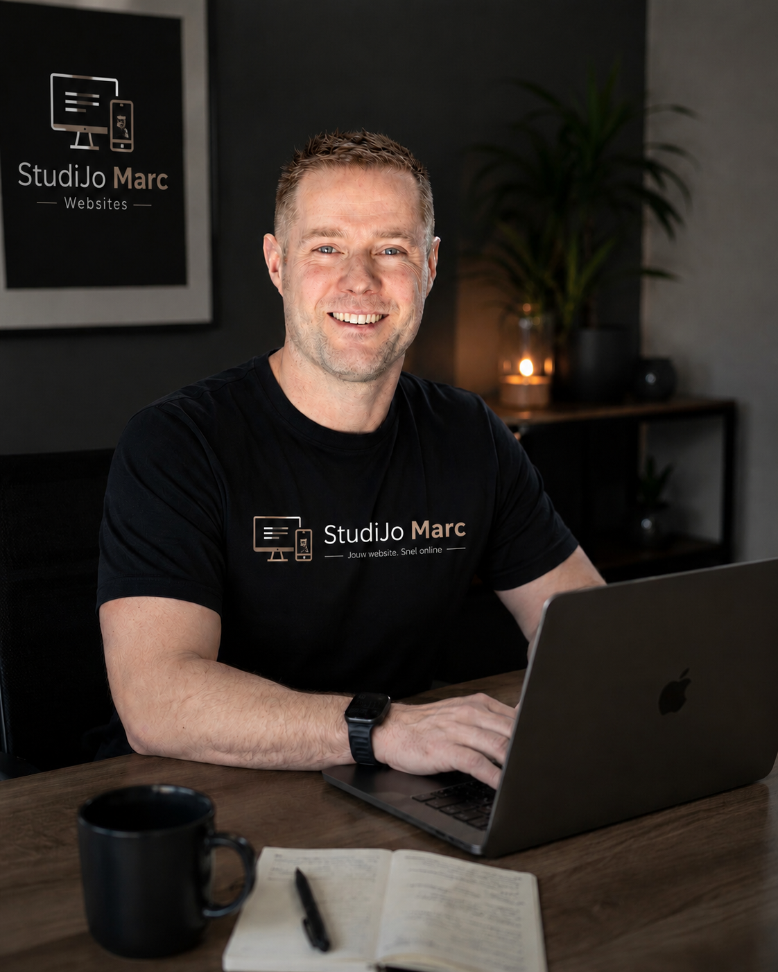 Marc Hogervorst achter bureau werkend aan website
